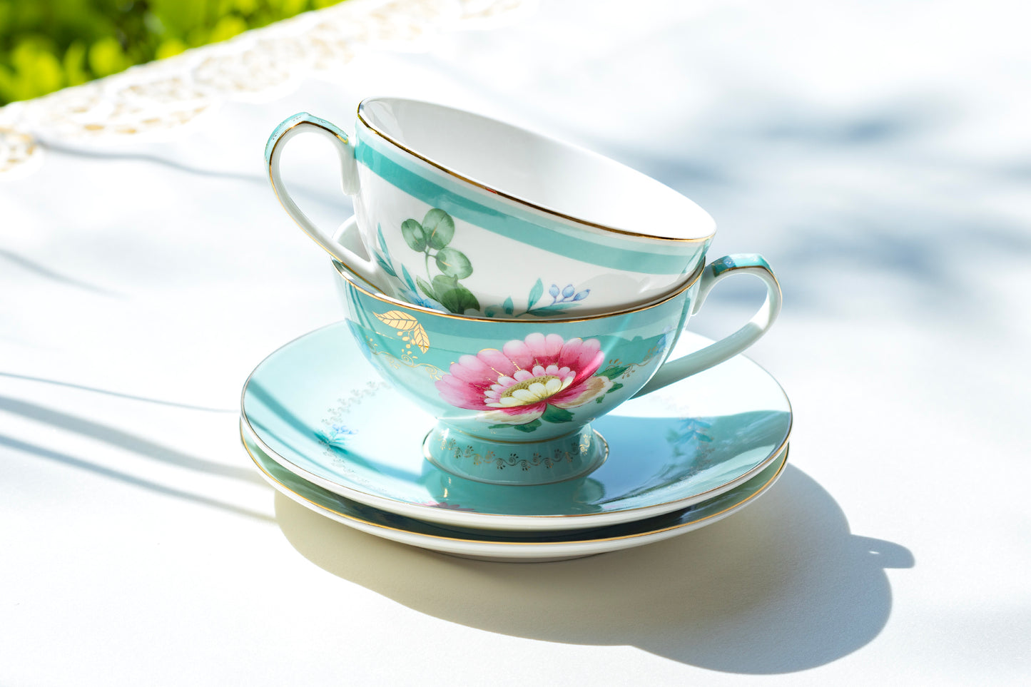 Grace Teaware Mint Floral Garden Fine Porcelain Cup and Saucer Sets
