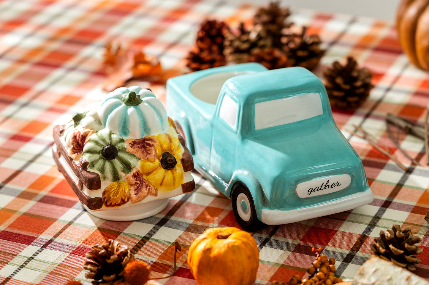 Grace teaware fall gather pumpkin harvest mint green retro style truck jar