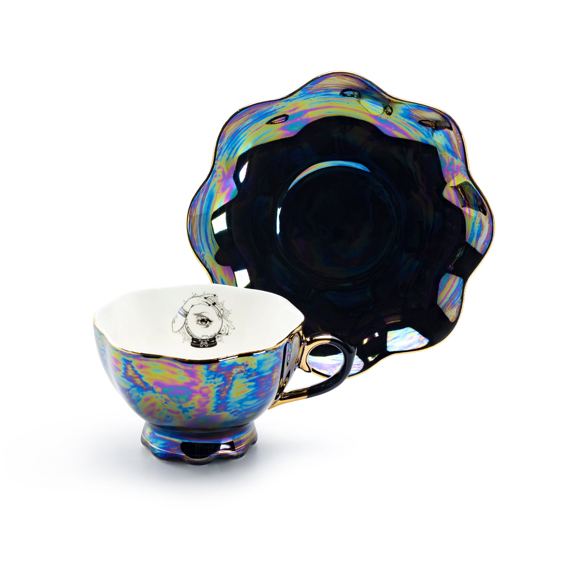Grace Teaware Witchy Crystal Ball Black Gold Luster Tea Cup and Saucer set