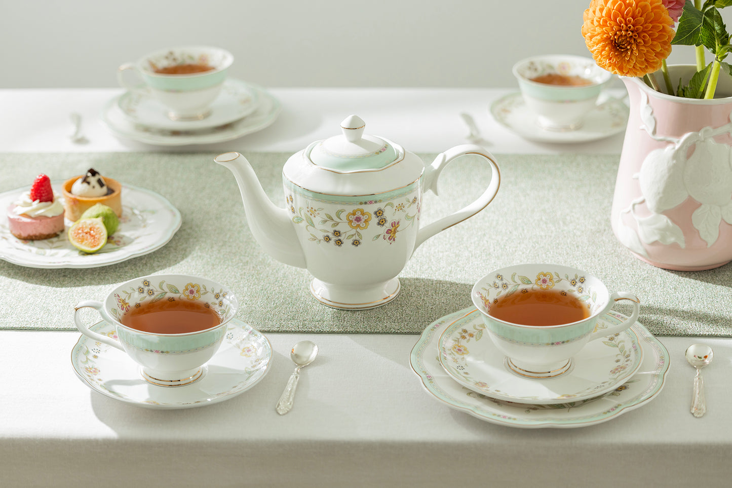 Yellow Corn Flowers with Mint Rim Fine Porcelain Tea Set