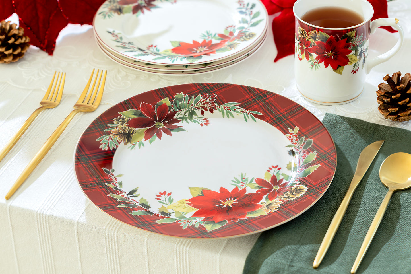 Poinsettia Pine Cone Fine Porcelain Dessert/Dinner Plate