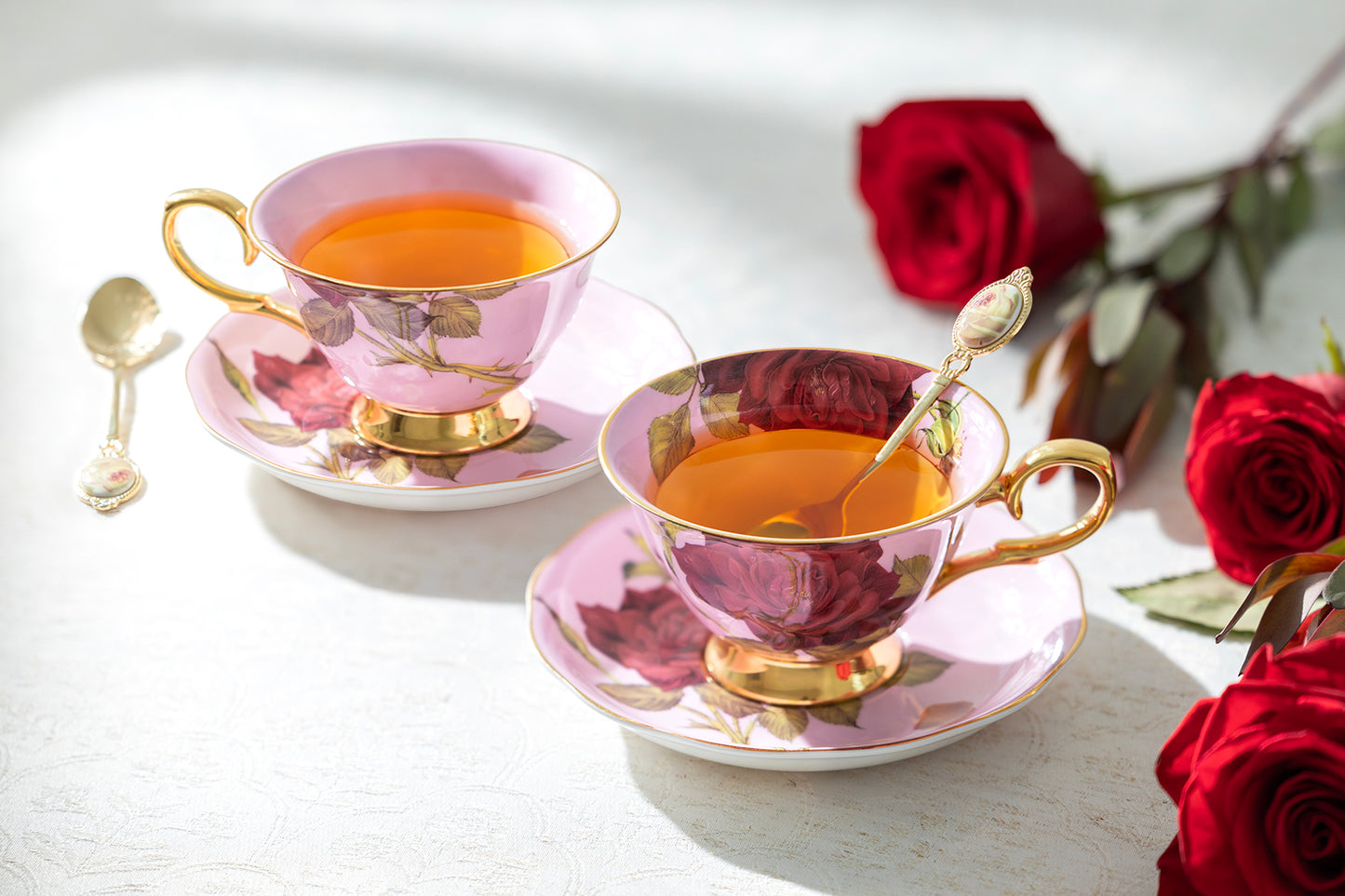 Gracie Bone China Gold Pink Stem Rose Bone China Tea Cup and Saucer