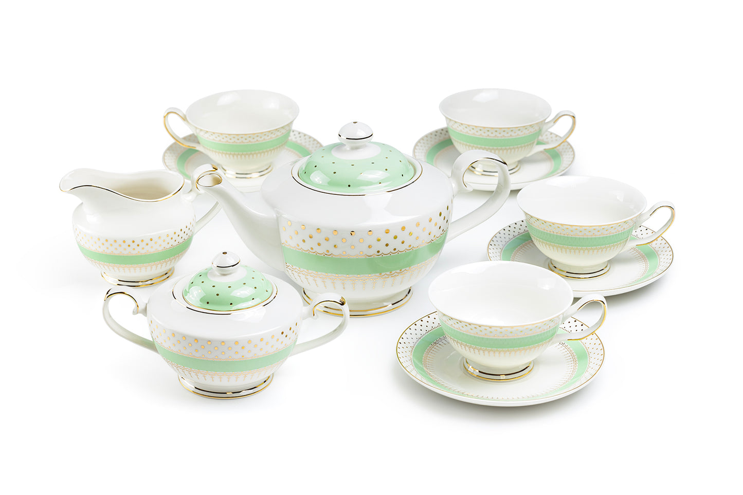 Mint Green Stripe with Gold Dots Fine Porcelain Tea Set