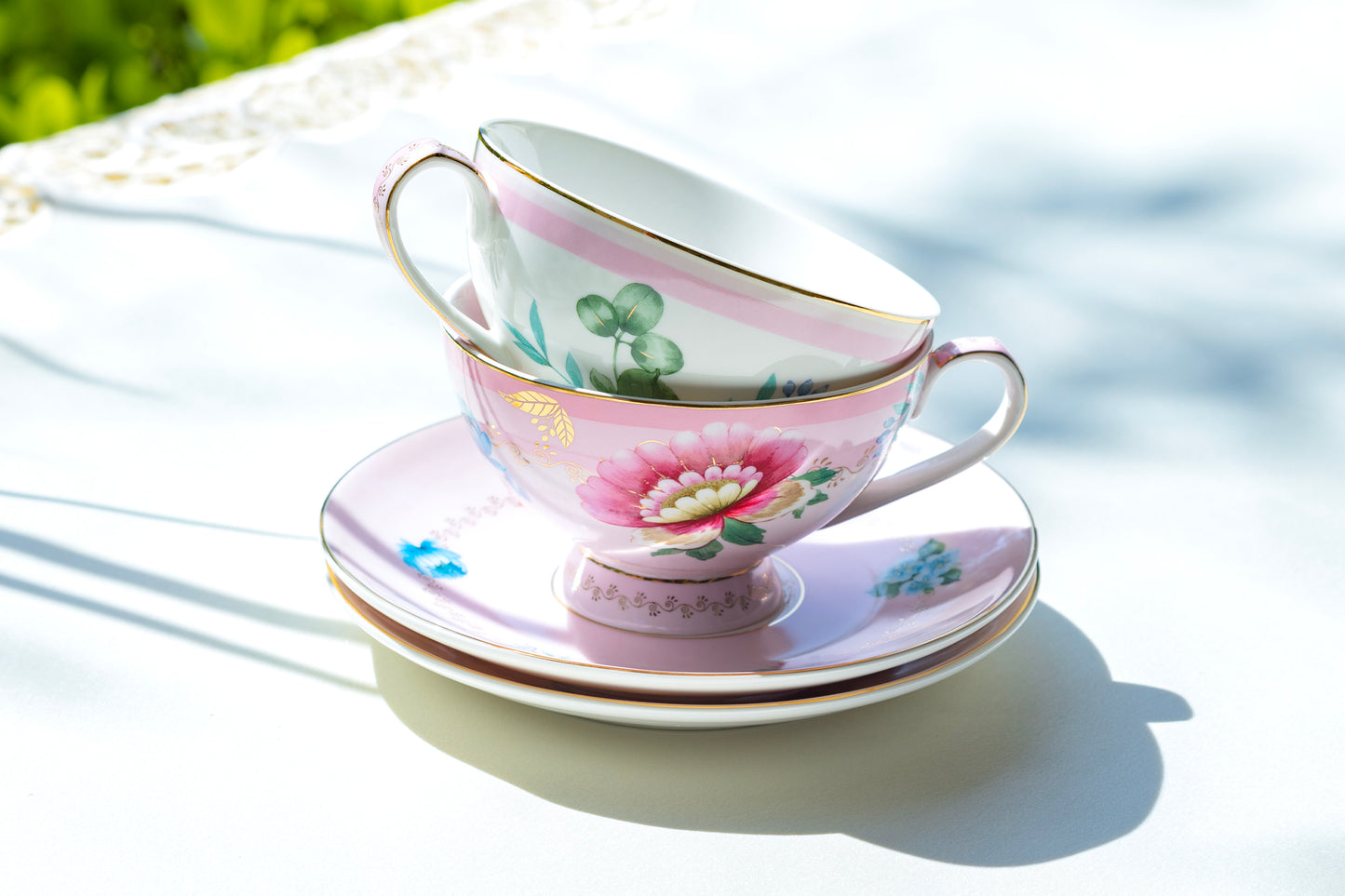 Grace Teaware Pink Floral Garden Fine Porcelain Cup and Saucer Sets