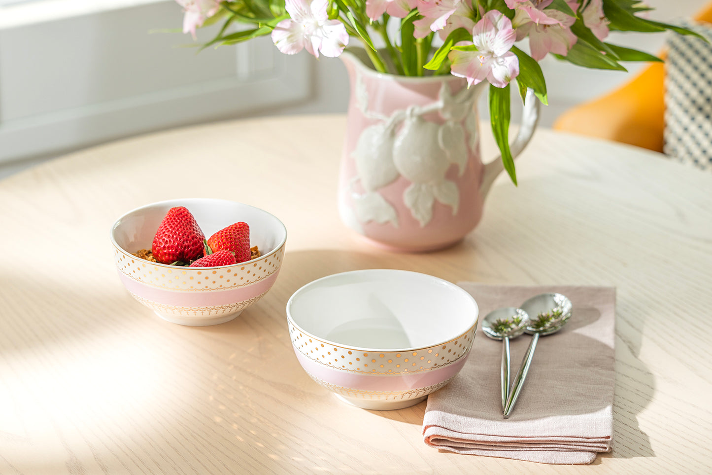 Pink Stripe with Gold Dots Fine Porcelain Bowl