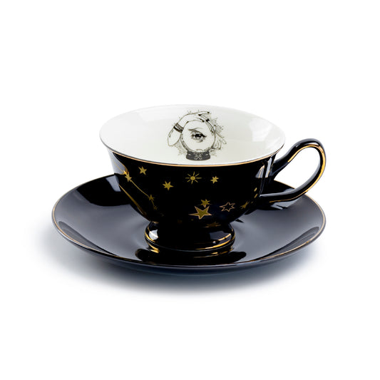 Halloween Witchy Crystal Ball Astrology Black Gold Tea Cup and Saucer