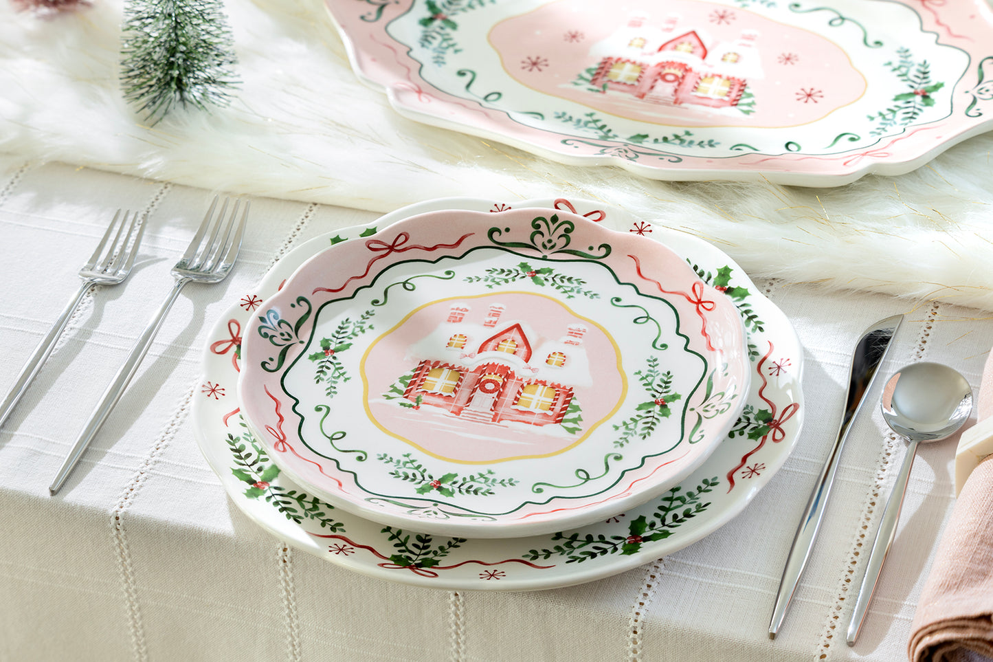 Christmas House Pink Dessert/Dinner Plate