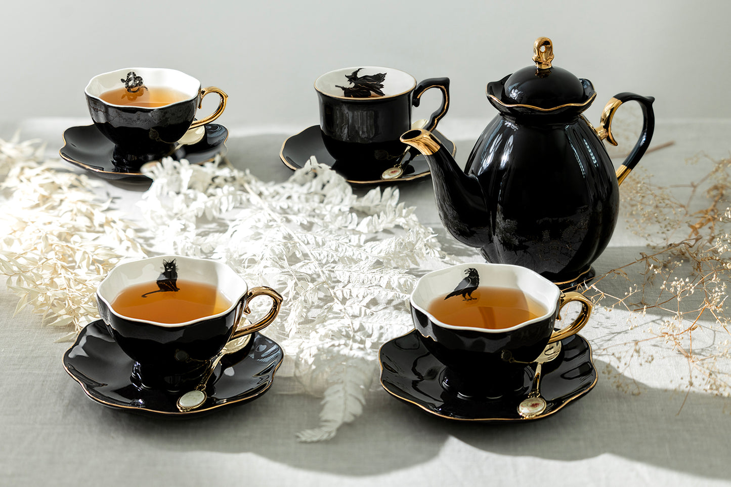 Grace Teaware Halloween Tea Set witch snake black cat crow raven black gold tea cup