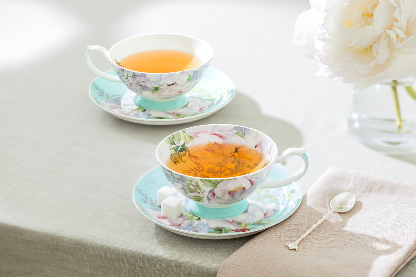 Peony Bloom Blue Bone China Cup and Saucer