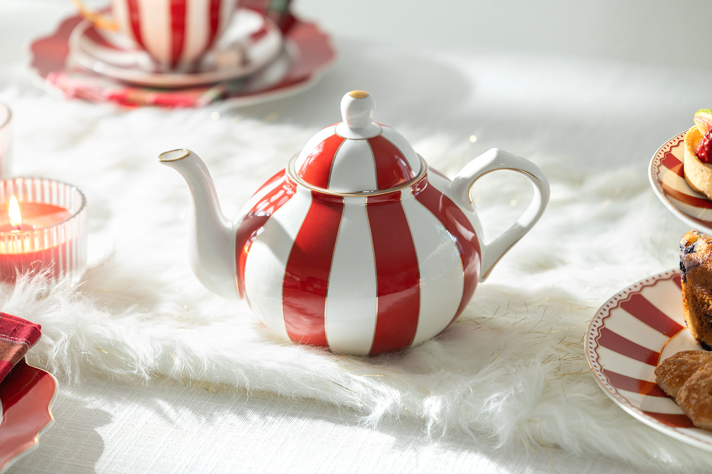 Red Carousel Stripes Fine Porcelain Teapot