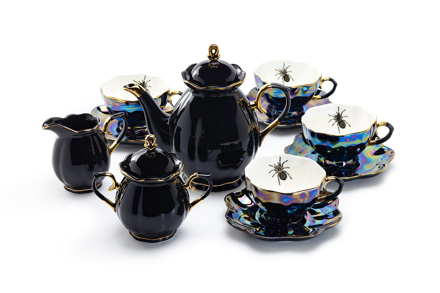 Grace Teaware Spider Black Gold Luster 11-Piece Tea Set