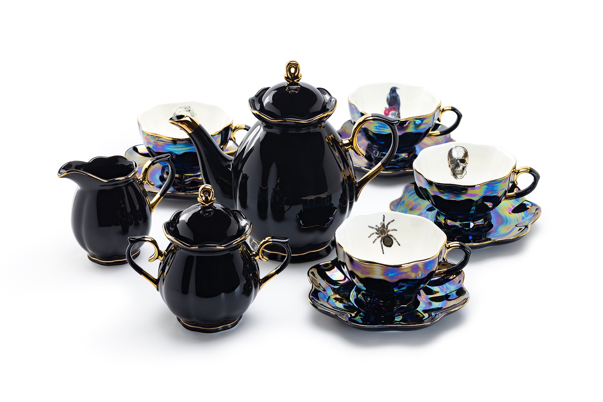 Luster Tea Set Grace Teaware Assorted Black Gold Luster Tea Cups and Saucers 11-Piece ...