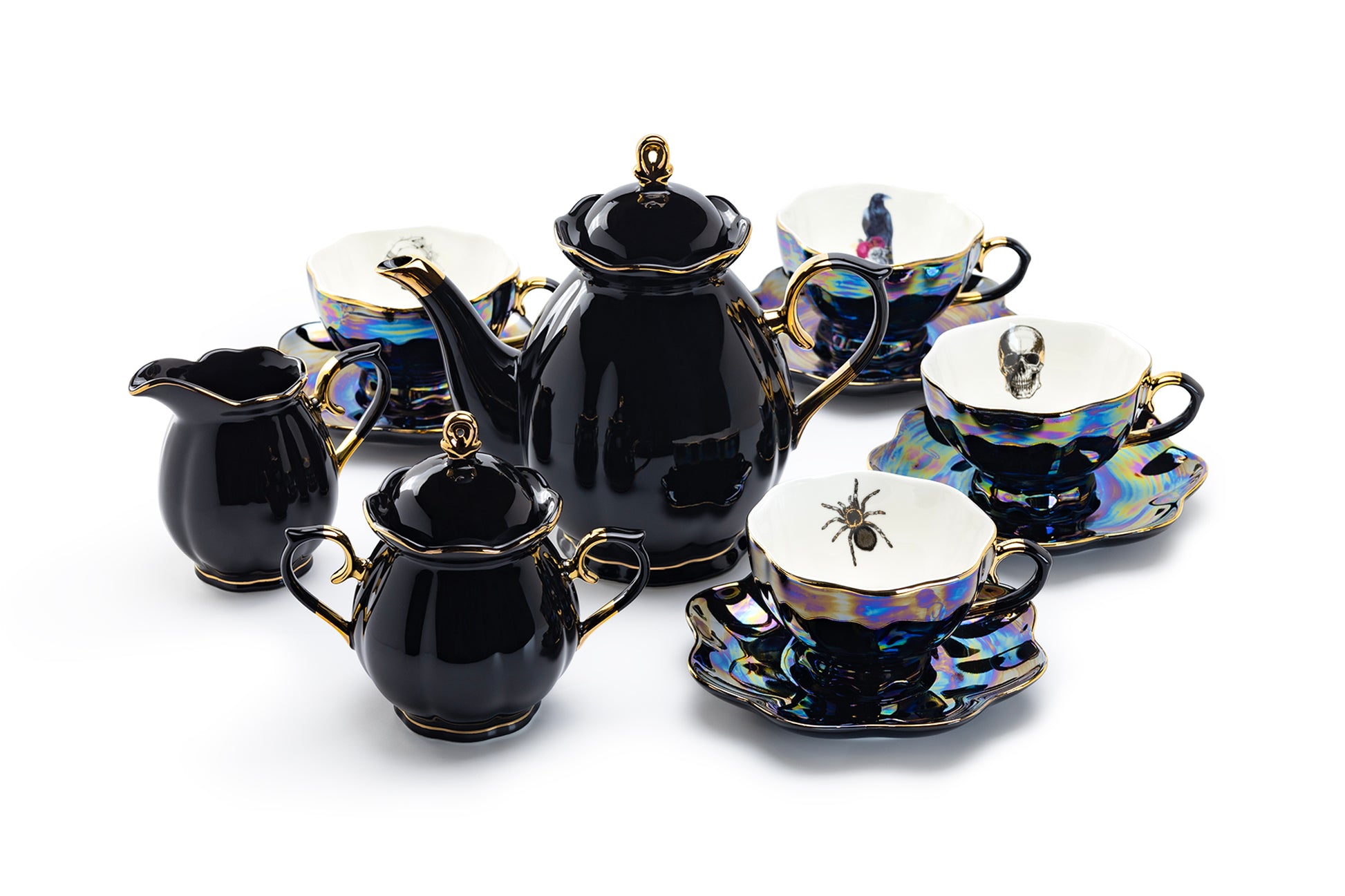 Grace Teaware Assorted Black Gold Luster Tea Cups and Saucers 11-Piece Tea Set, spider, skull, crow, witchy eye tea cups