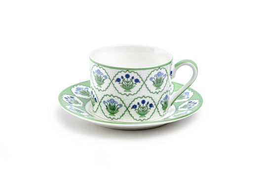 Green Bouquet Medallion Fine Porcelain Cup and Saucer