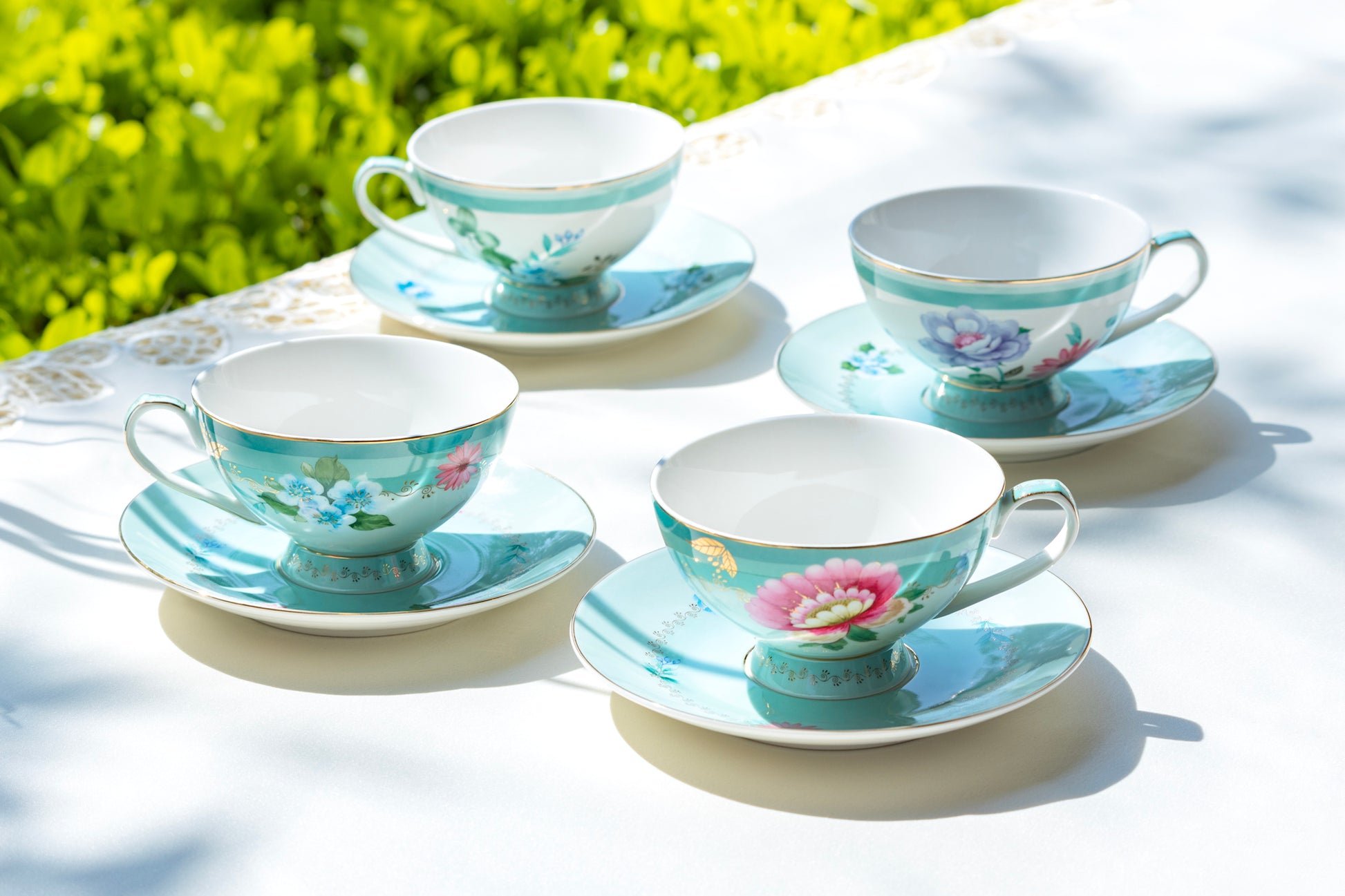 Grace Teaware Mint Flower Garden Fine Porcelain Cup and Saucer Set of 4