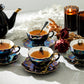 4 Assorted Halloween Black Gold Luster Tea Cup and Saucer Sets - Crow, Spider, Skull, Ouija Board