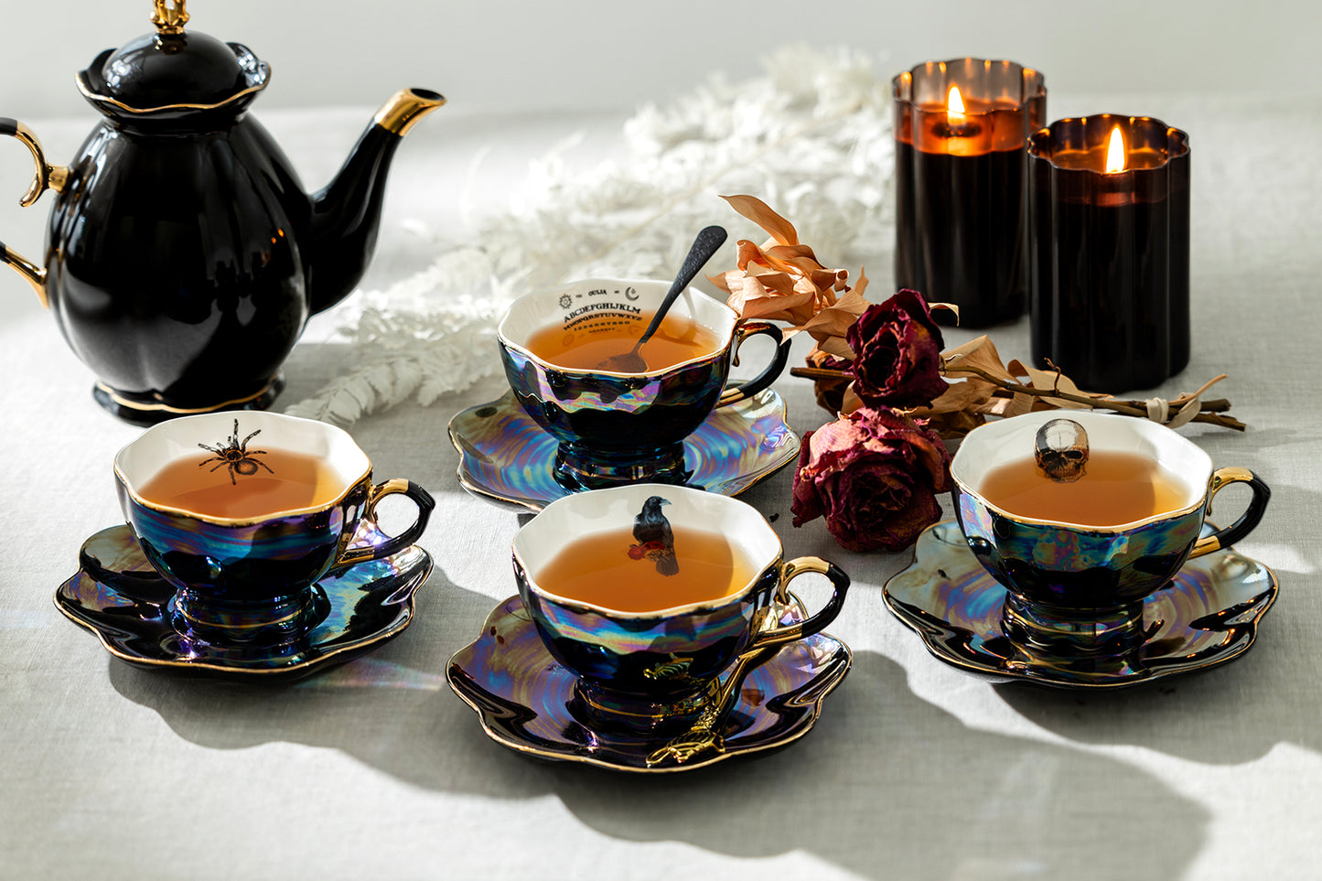 4 Assorted Halloween Black Gold Luster Tea Cup and Saucer Sets - Crow, Spider, Skull, Ouija Board