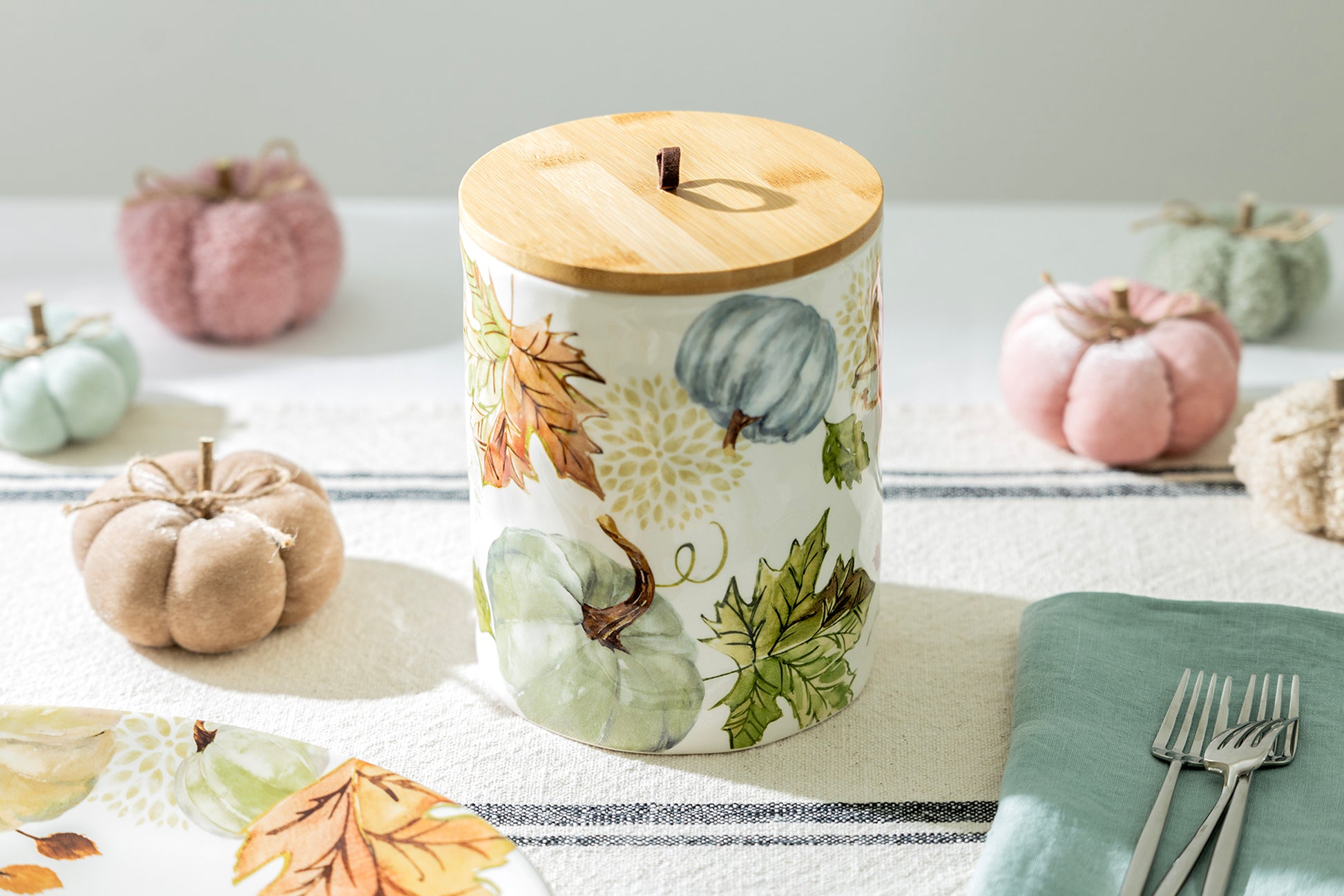 fall leaves & pumpkin lidded jar canister