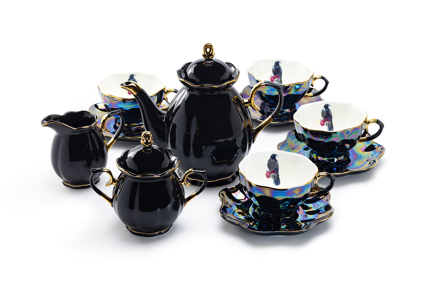 Grace Teaware Crow with Red Roses Black Gold Luster 11-Piece Tea Set