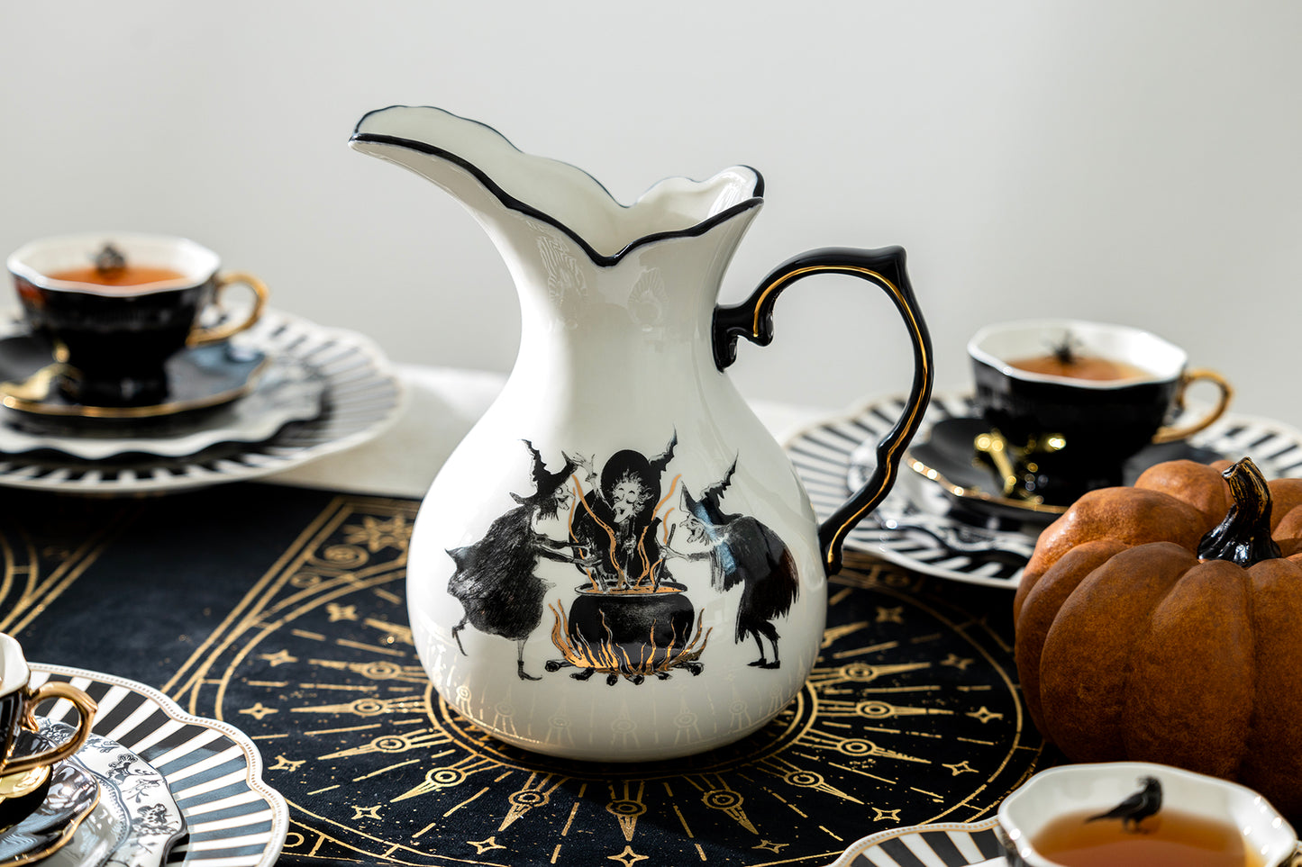 Witches Brew Pitcher + 4 Flying Witch Tea Cup and Saucer Sets