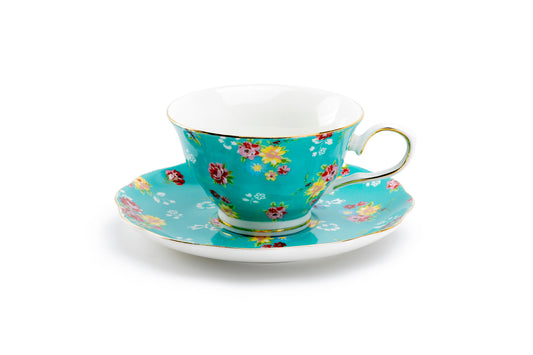 Grace Teaware Turquoise Shabby Rose Fine Porcelain Tea Cup and Saucer