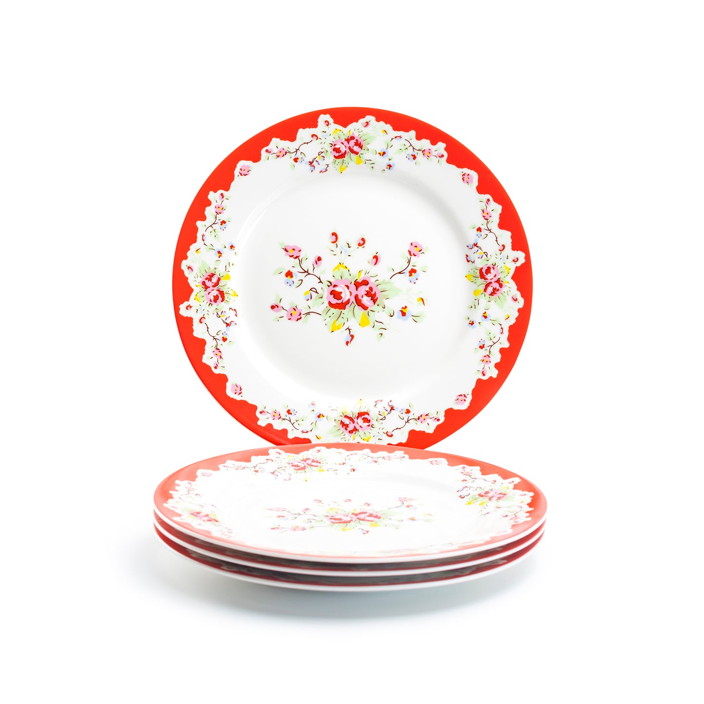 Grace Teaware 8" Rose with Red Accent Vintage Red Roses Porcelain Dessert Plate set of 4