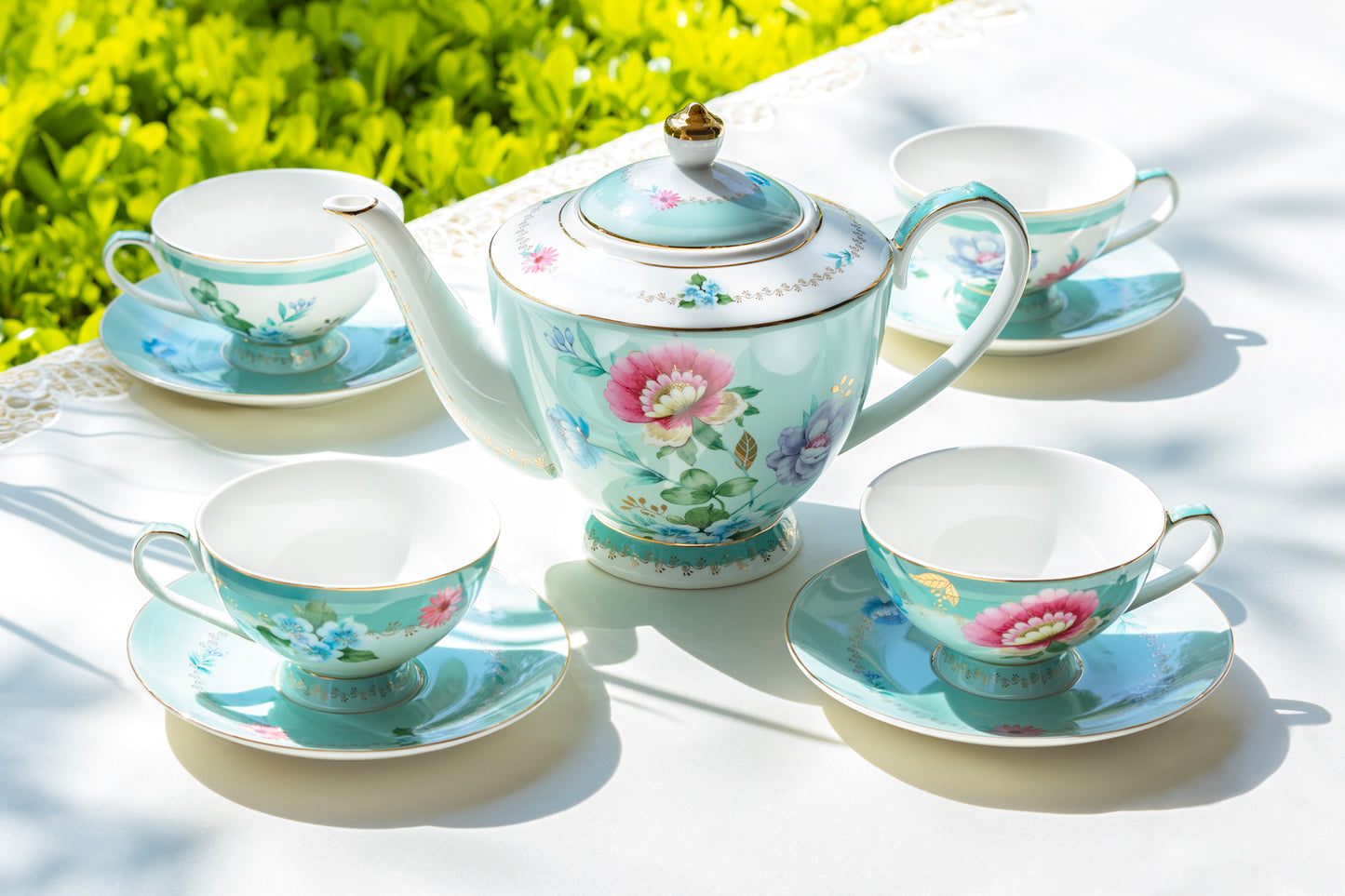 Grace Teaware Mint Flower Garden 9-piece Fine Porcelain Tea Set