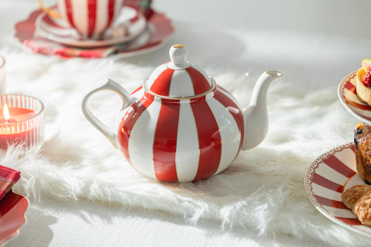 Red Carousel Stripes Fine Porcelain Teapot