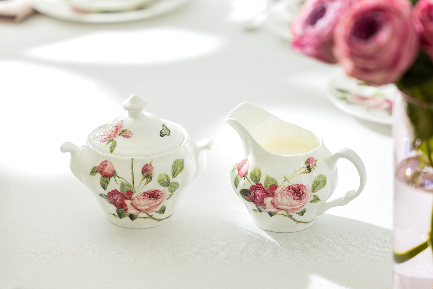 Gracie Bone China Kensington Pink Rose Sugar & Creamer Set