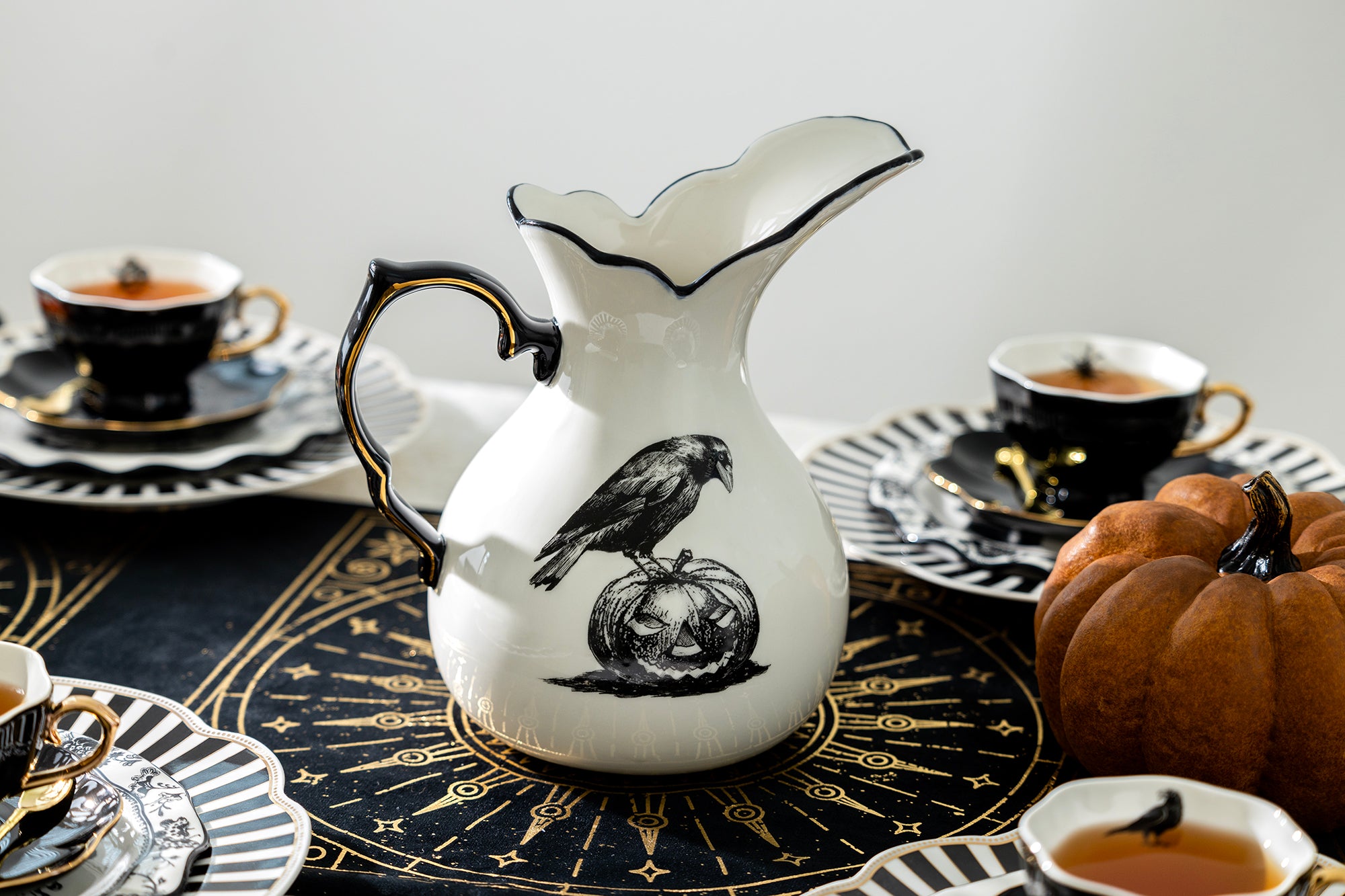 Raven Witches Pitcher + 6 Assorted Halloween Tea Cup and Saucer Sets - Brand outlet New