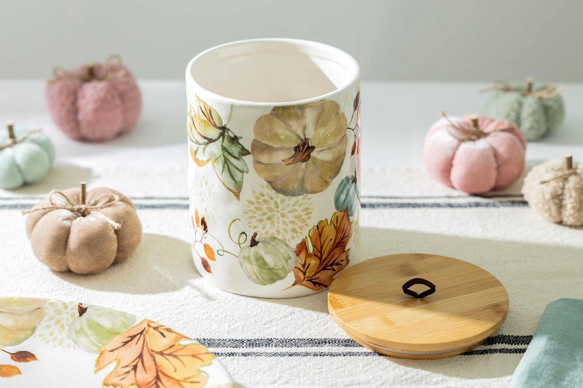 fall leaves & pumpkin lidded jar canister