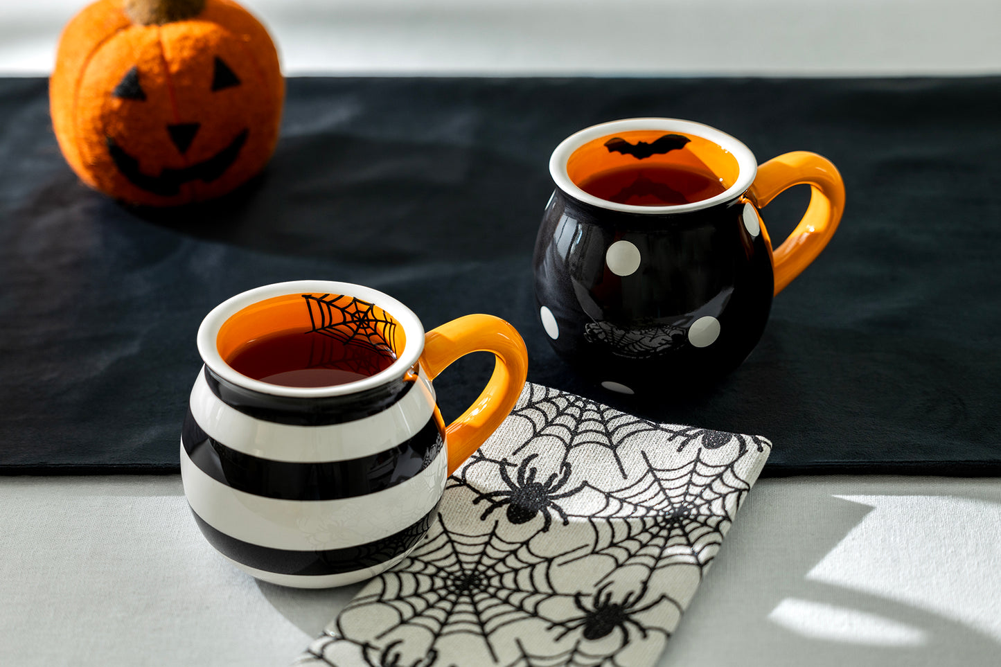 Halloween Bat Dots and Spider Web Stripes Mugs