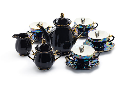 Grace Teaware Skull Black Gold Luster 11-Piece Tea Set