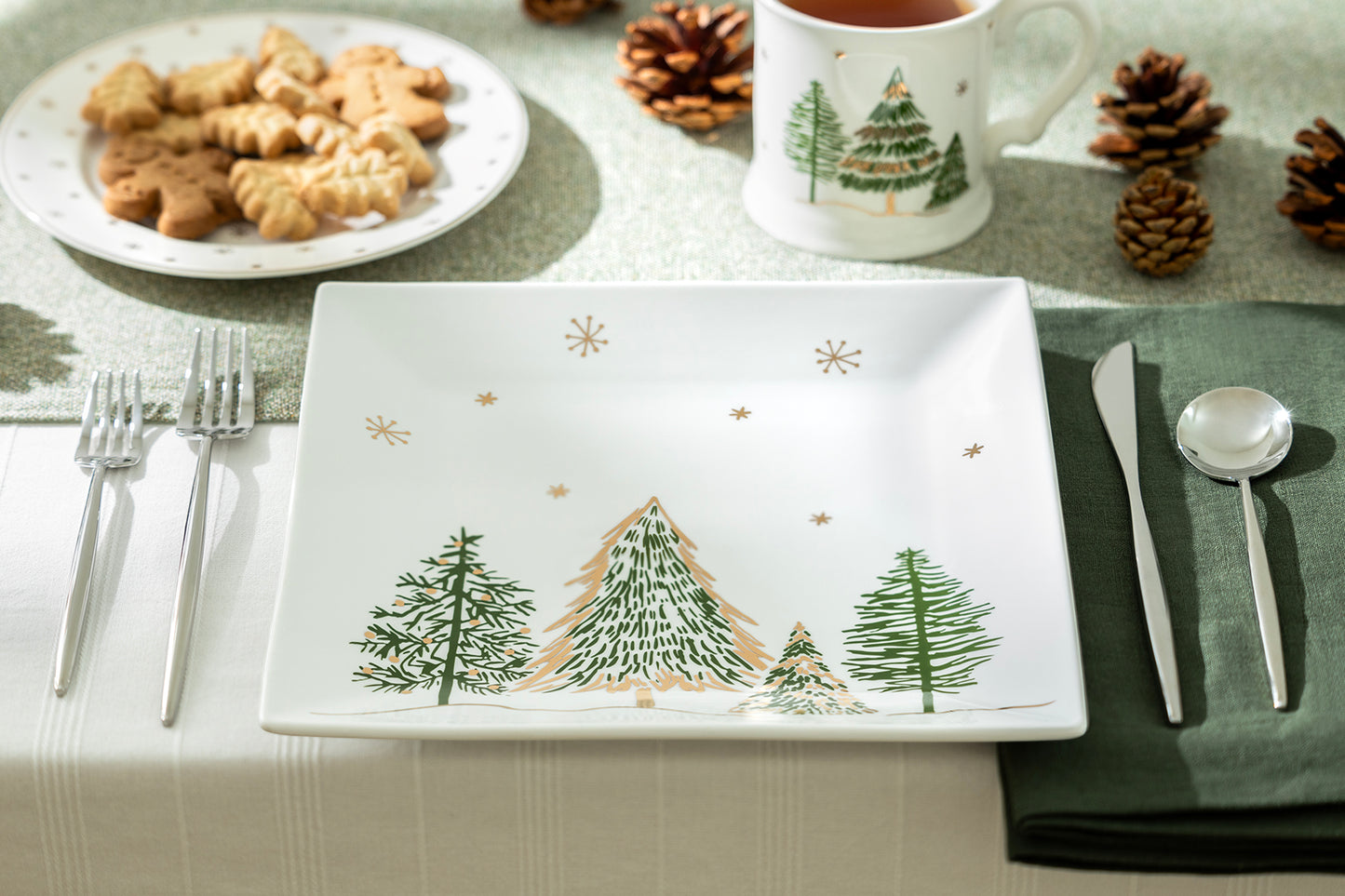 Grace Teaware Christmas Pine Trees Fine Porcelain Square Dinner Plate