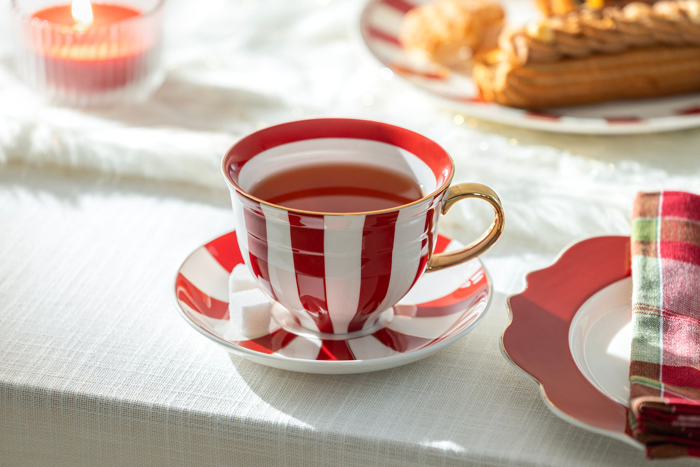 Red Carousel Stripes Fine Porcelain Cup and Saucer - 10oz