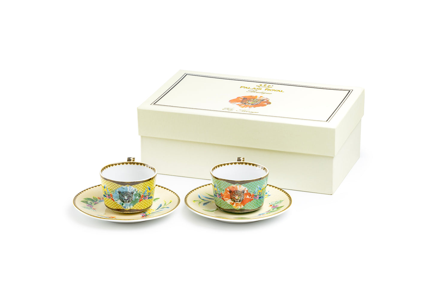 Summer Savanna Leopard Fine Porcelain 3oz Demitasse Cup and Saucer Set of 2 with Gift Box