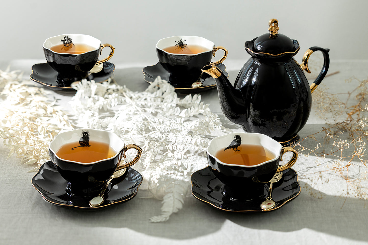 Grace Teaware Black Gold Scallop Teapot + 4 Assorted Halloween Tea Cup and Saucer Sets - Cat, Raven, Snake, Spider tea cups