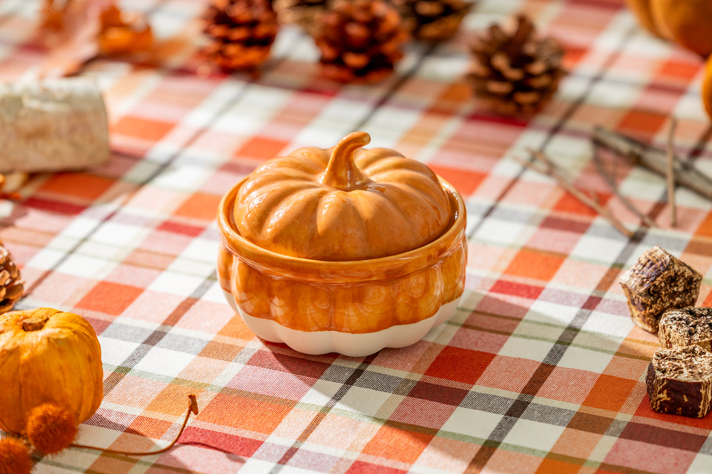 Orange Pumpkin Figural Reactive Glaze Bowl with Lid