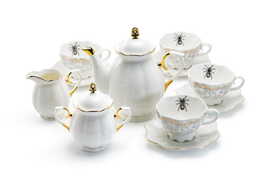 Grace Teaware Spider Web White Gold Scallop 11-Piece Tea Set