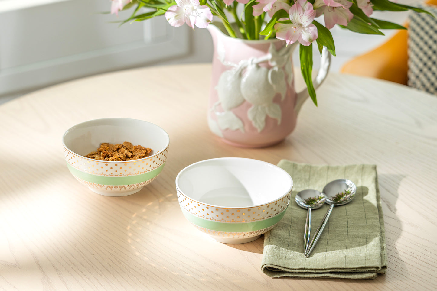 Mint Green Stripe with Gold Dots Fine Porcelain Bowl