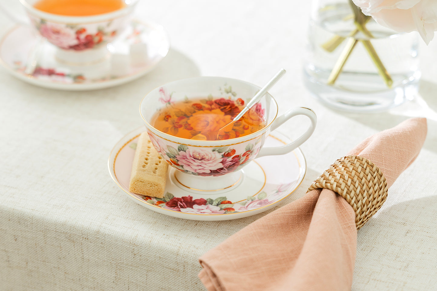 Stechcol Gracie Bone China Peony and Strawberry Pink Bone China Tea Cup and Saucer set