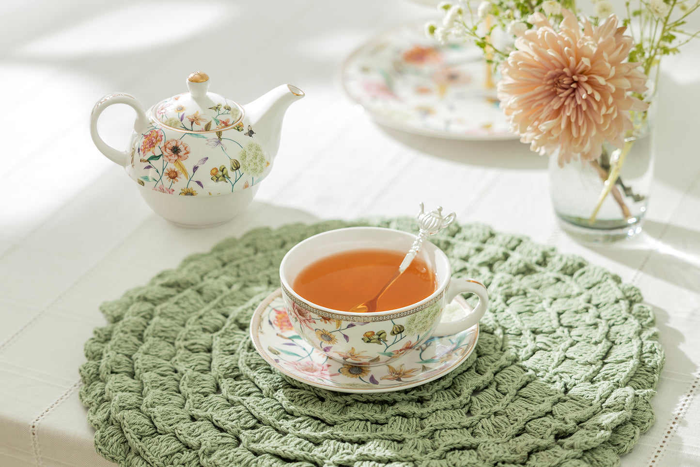 Spring Flowers with Hummingbird Fine Porcelain Tea For One Set