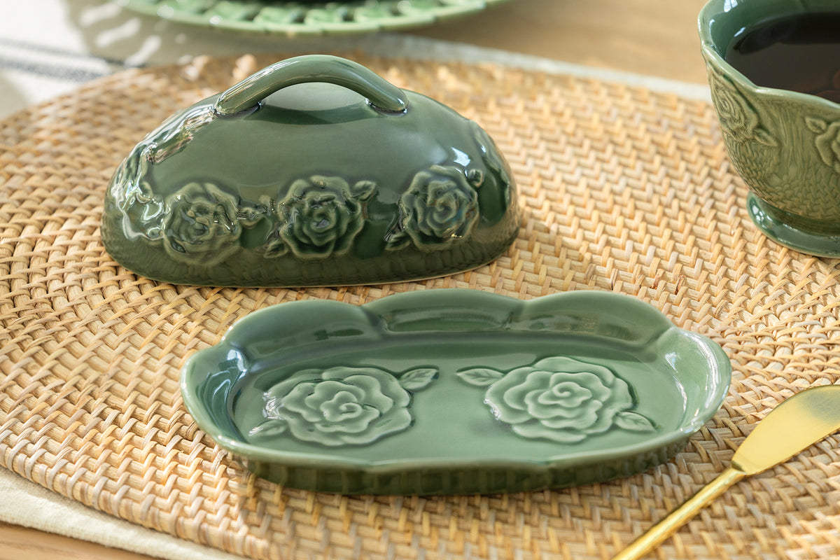 Green Embossed Rose Butter Dish