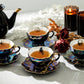 4 Assorted Halloween Black Gold Luster Tea Cup and Saucer Sets - Crow, Spider, Skull, Witchy Crystal Ball