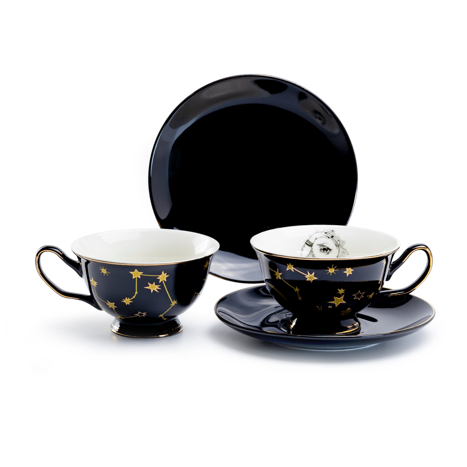 Halloween Witchy Crystal Ball Astrology Black Gold Tea Cup and Saucer Set