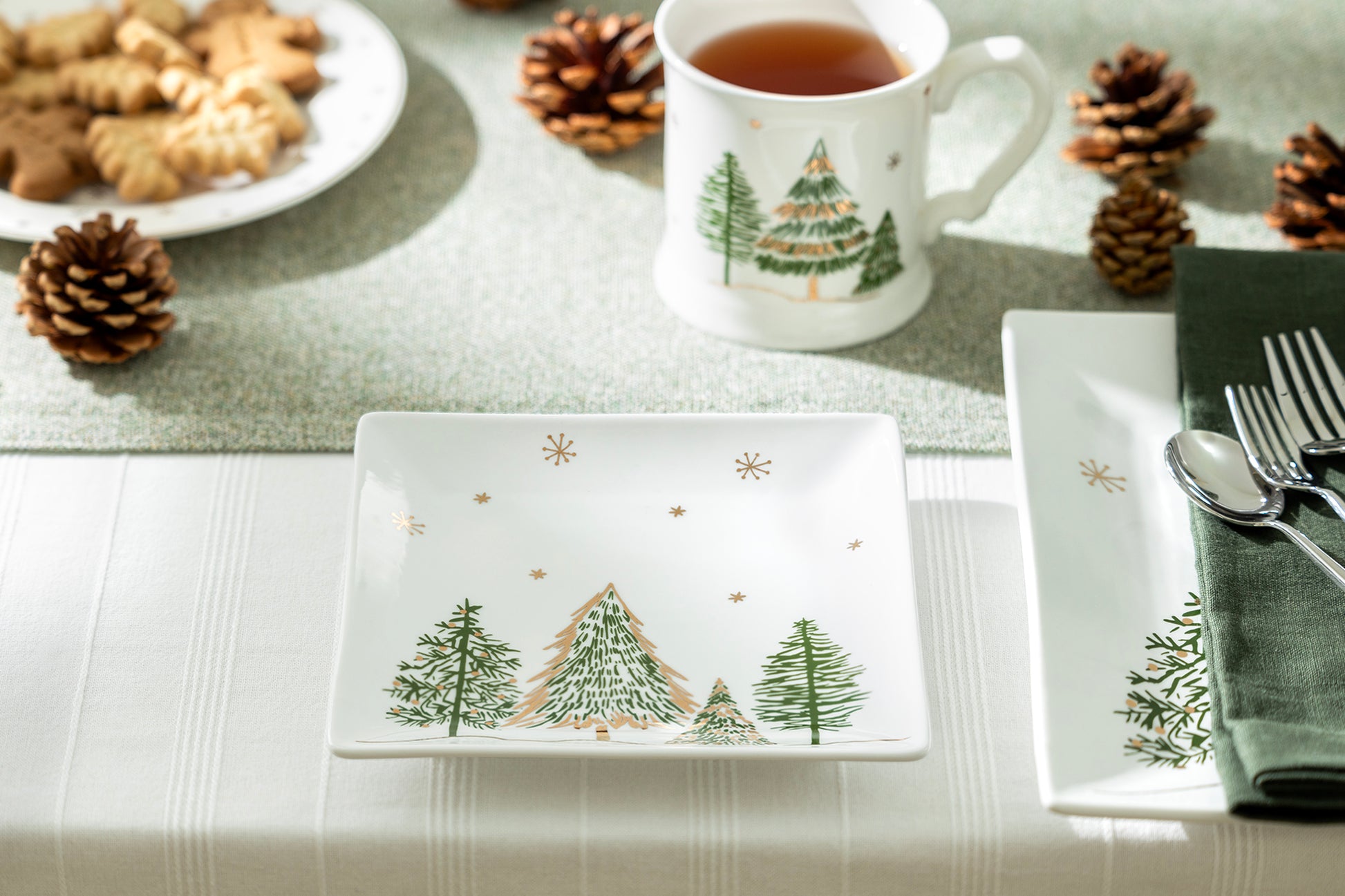 Grace Teaware Christmas Pine Trees Fine Porcelain Square Dessert Plate