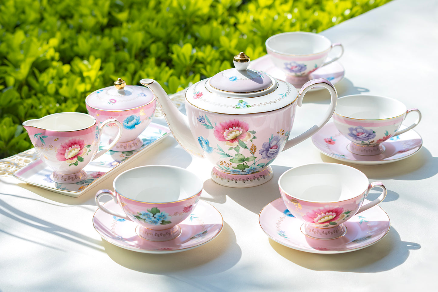 Grace Teaware Pink Flower Garden 12-piece Fine Porcelain Tea Set