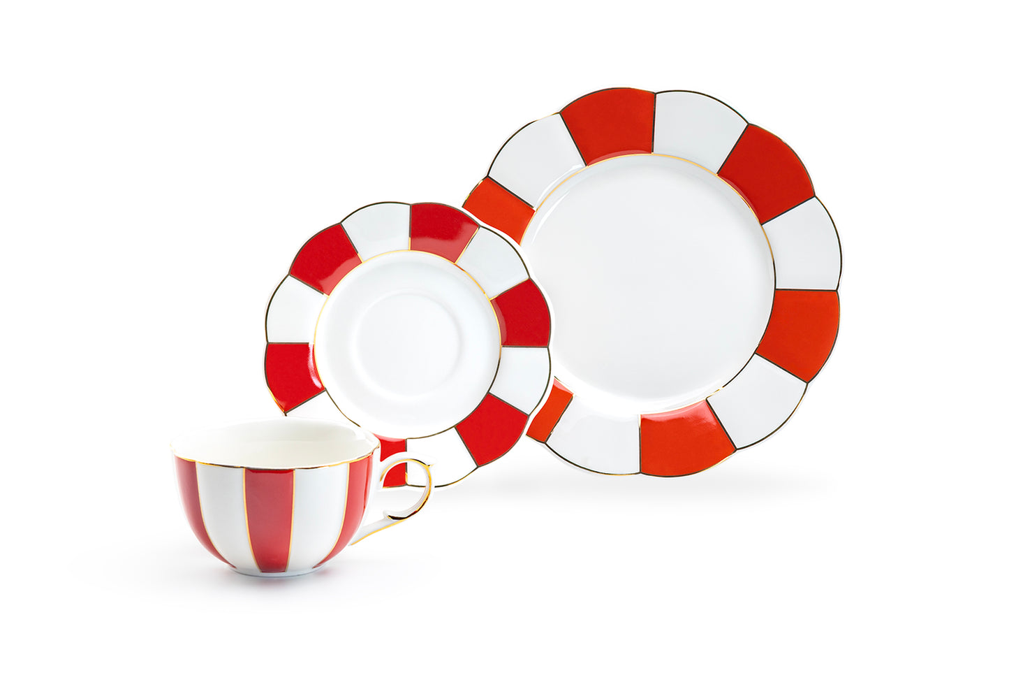 Red and White Scallop Fine Porcelain Tea Cup and Saucer