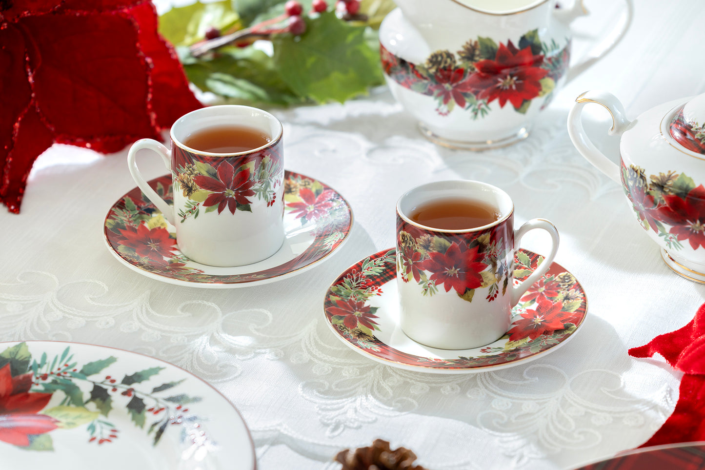 Poinsettia Pine Cone 3oz Demitasse Cups and Saucers with Gift Box