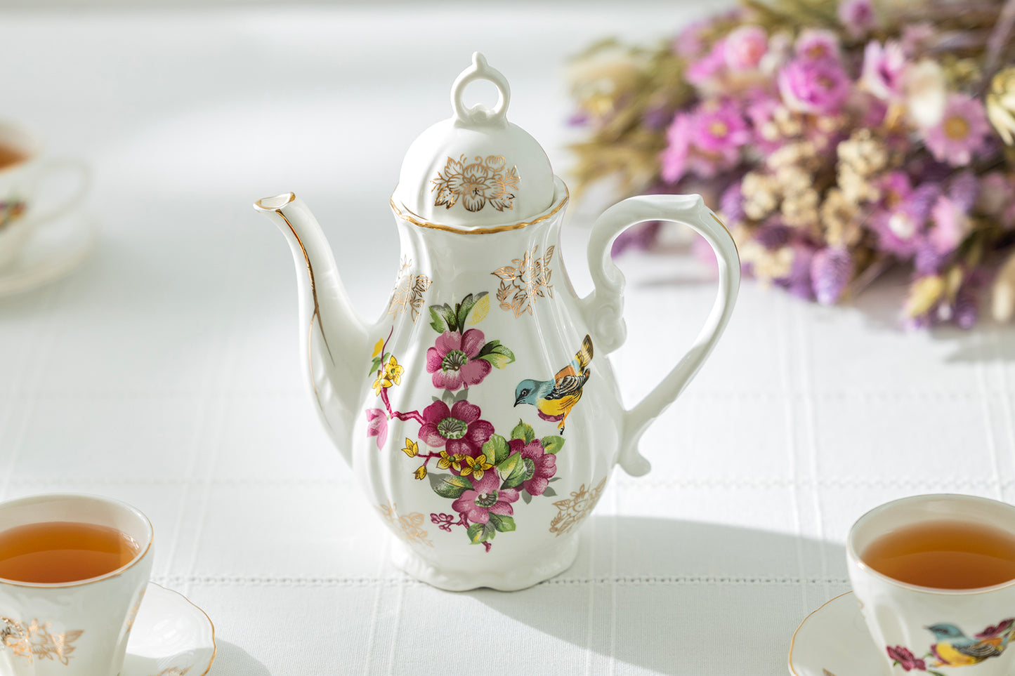 Grace Teaware Spring Flowers with Bird Fine Porcelain Children's Teapot